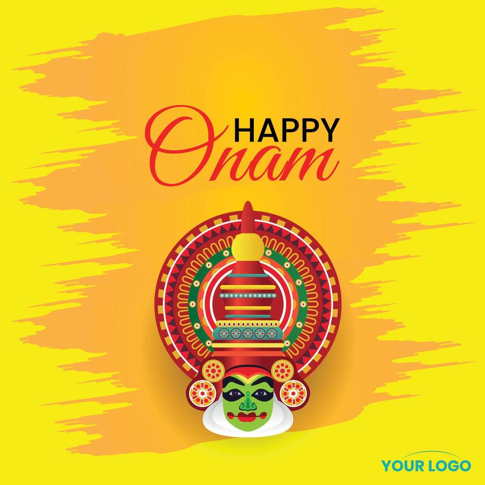 Onam Greeting Banner with Vibrant Kathakali Mask on Bright Yellow Background vector