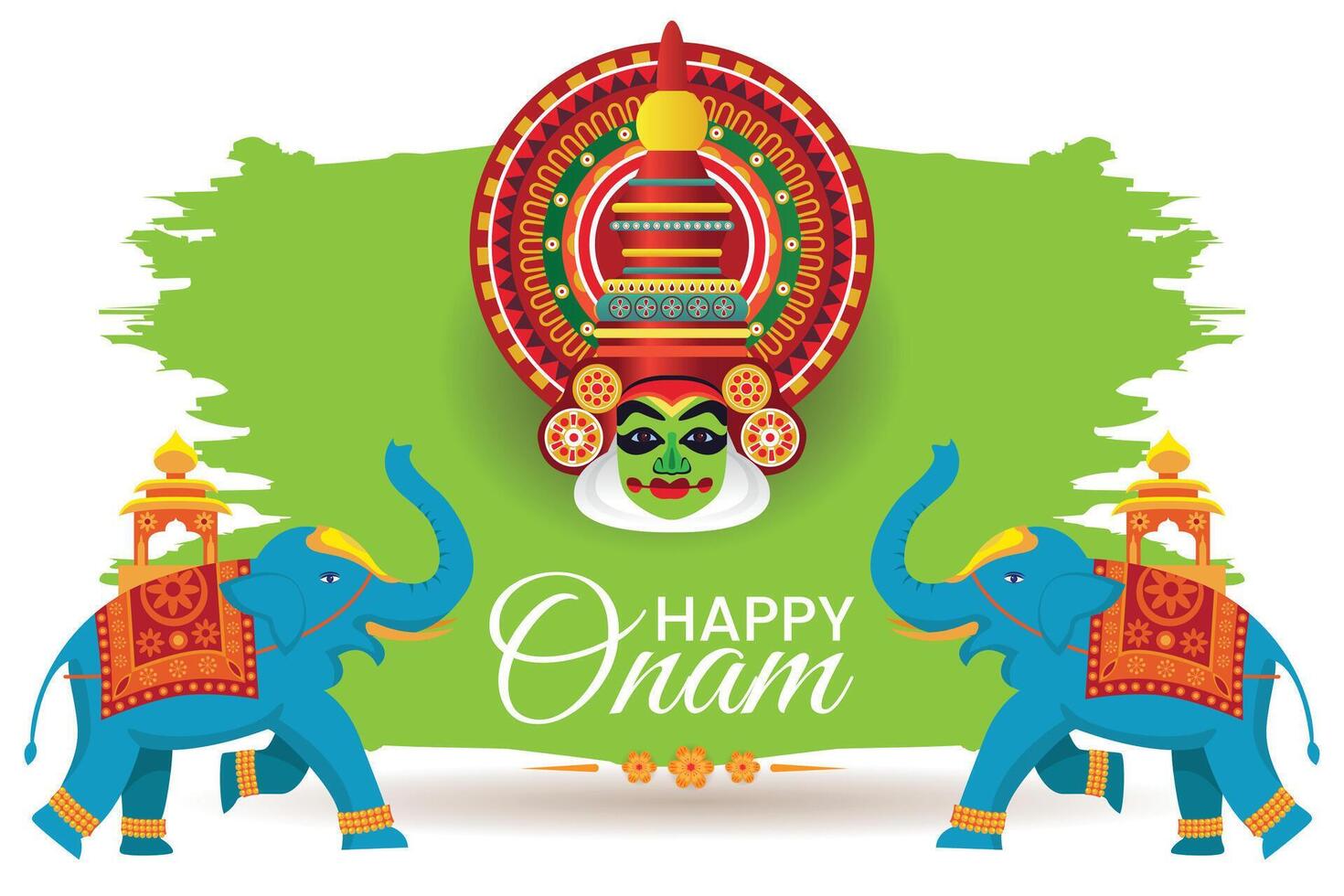 Onam Festival Poster Featuring Kathakali Mask with Decorated Elephants and Green Background vector