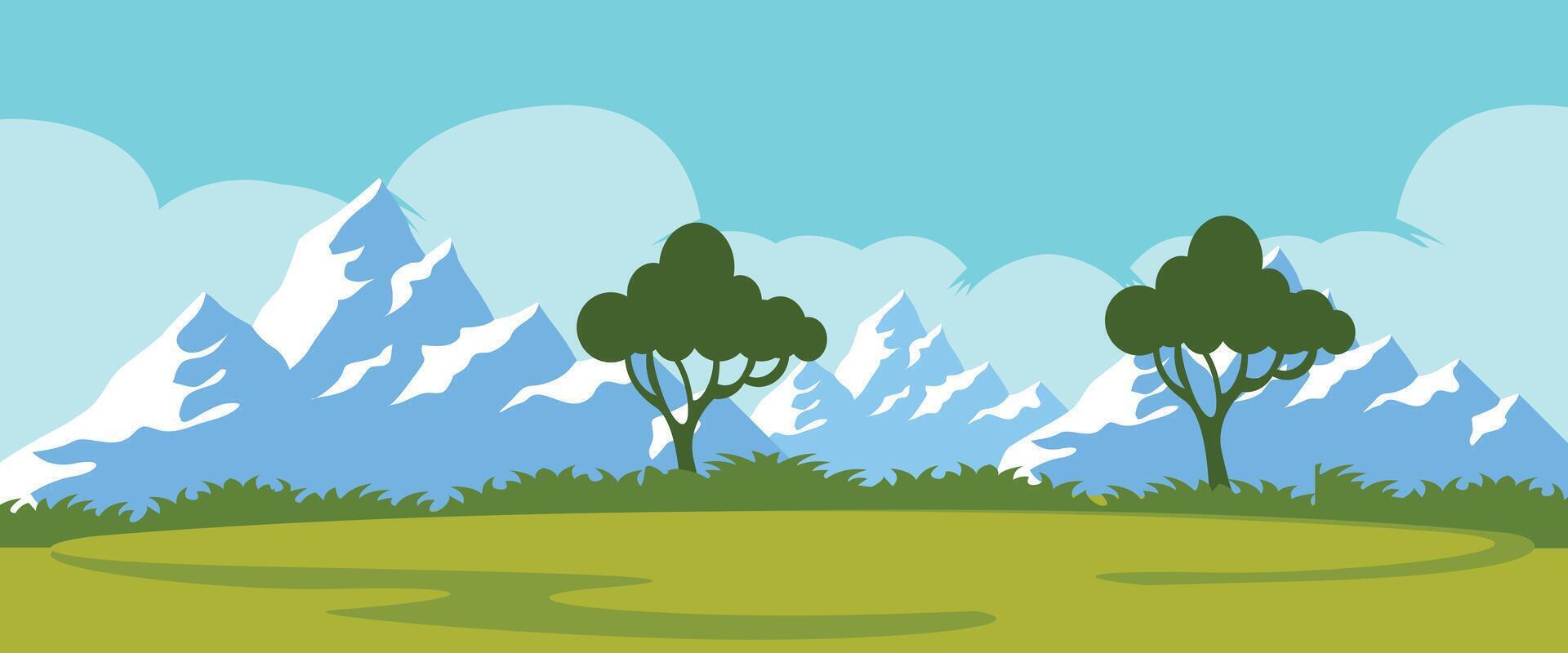 Flat Design Landscape of Majestic Mountains with Snow Peaks and Lush Greenery vector