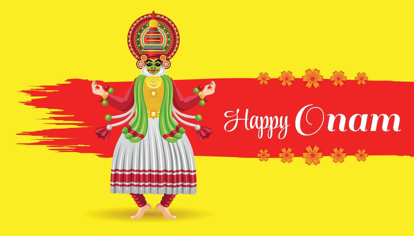 Bright Onam Festival Poster with Kathakali Dancer and Floral Background for Celebration vector