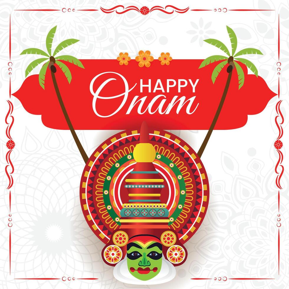 Onam Greeting Banner with Kathakali Mask, coconut Trees, and Ornate Red Banner Design vector