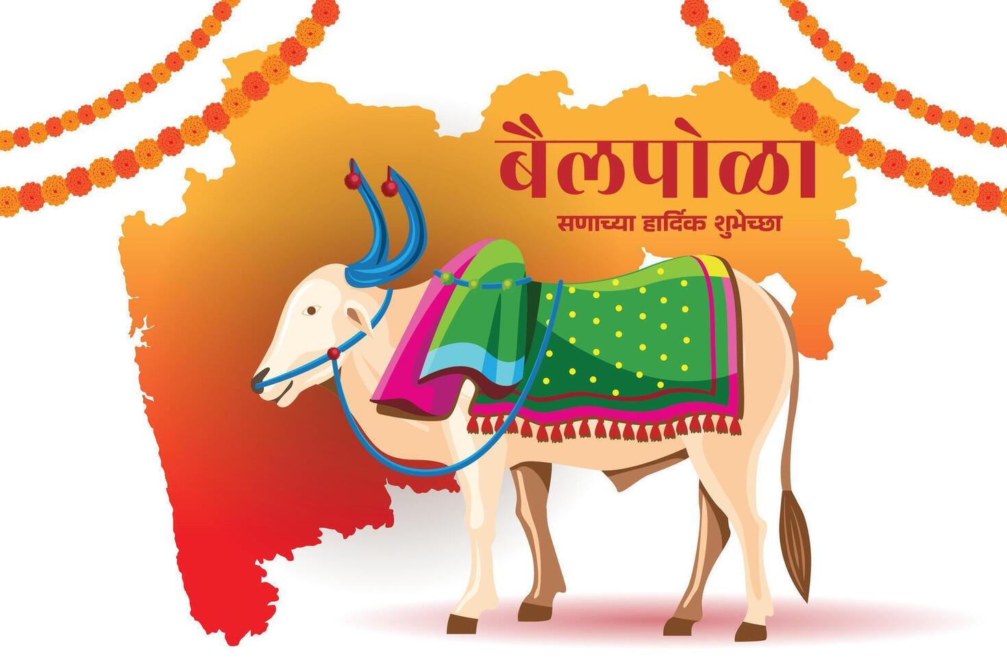 Bail Pola Festival Greeting with Decorated Ox and Maharashtra Map Background in Marathi vector