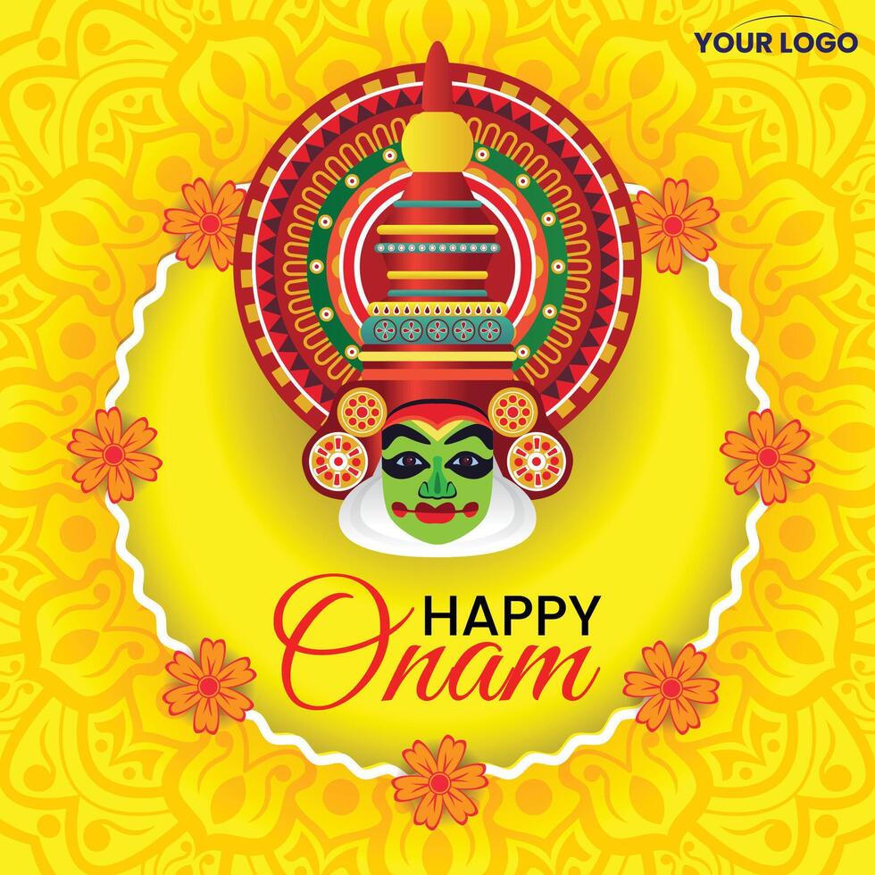 Festive Onam Greeting Card with Kathakali Face and Floral Design on Yellow Background vector