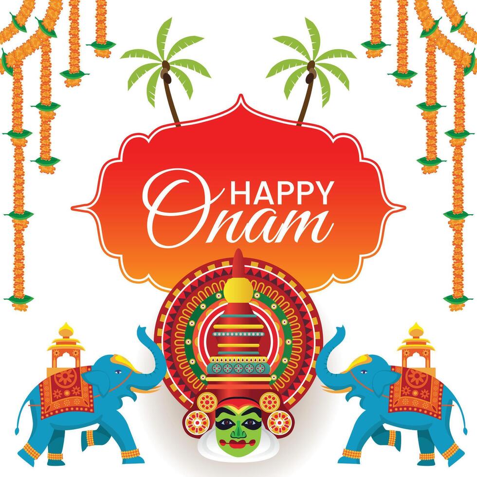Festive Onam Poster Featuring Kathakali Mask, Decorated Elephants, and coconut Trees vector