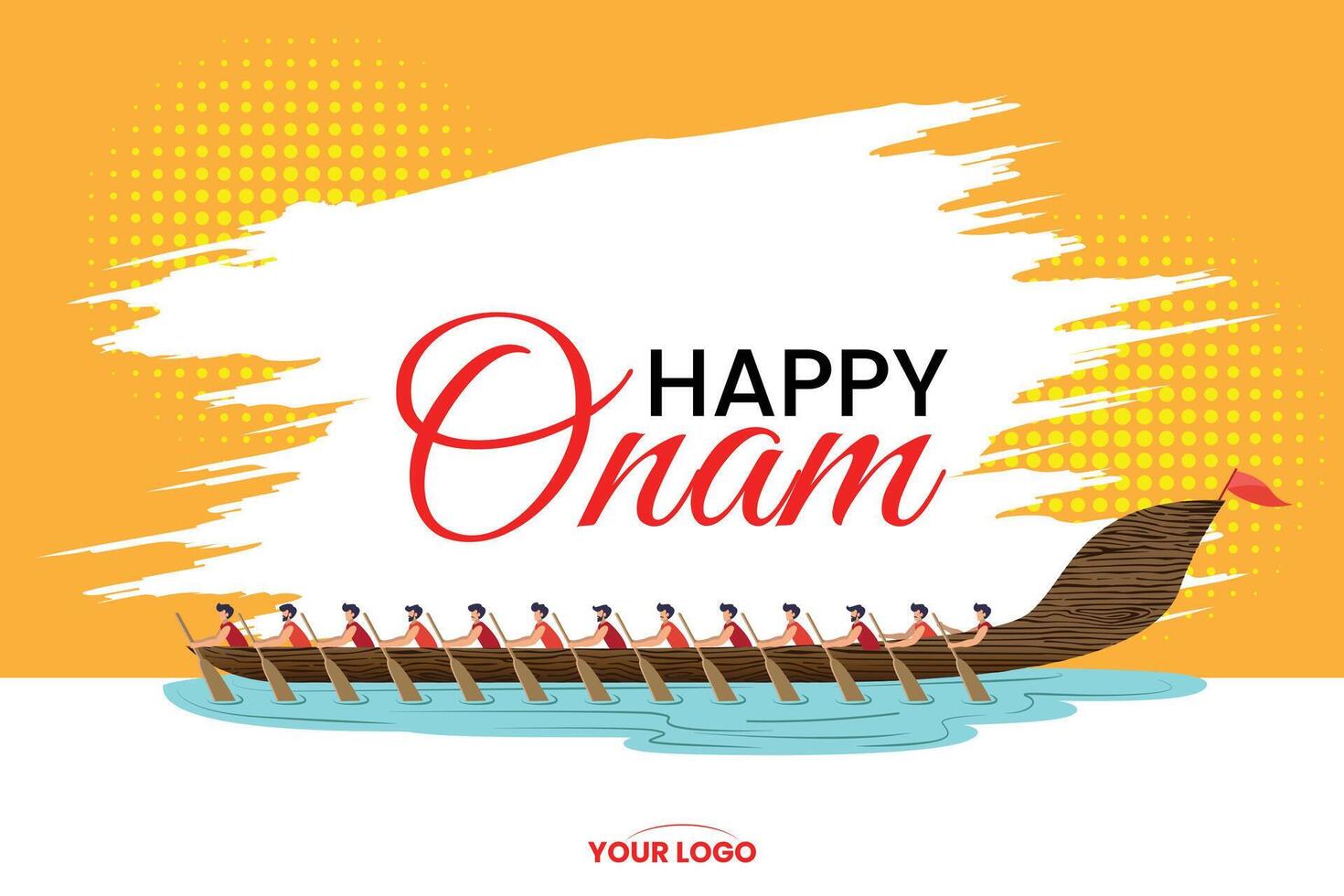 Onam Greeting Banner Featuring Boat Race Illustration with Bright Orange Background vector