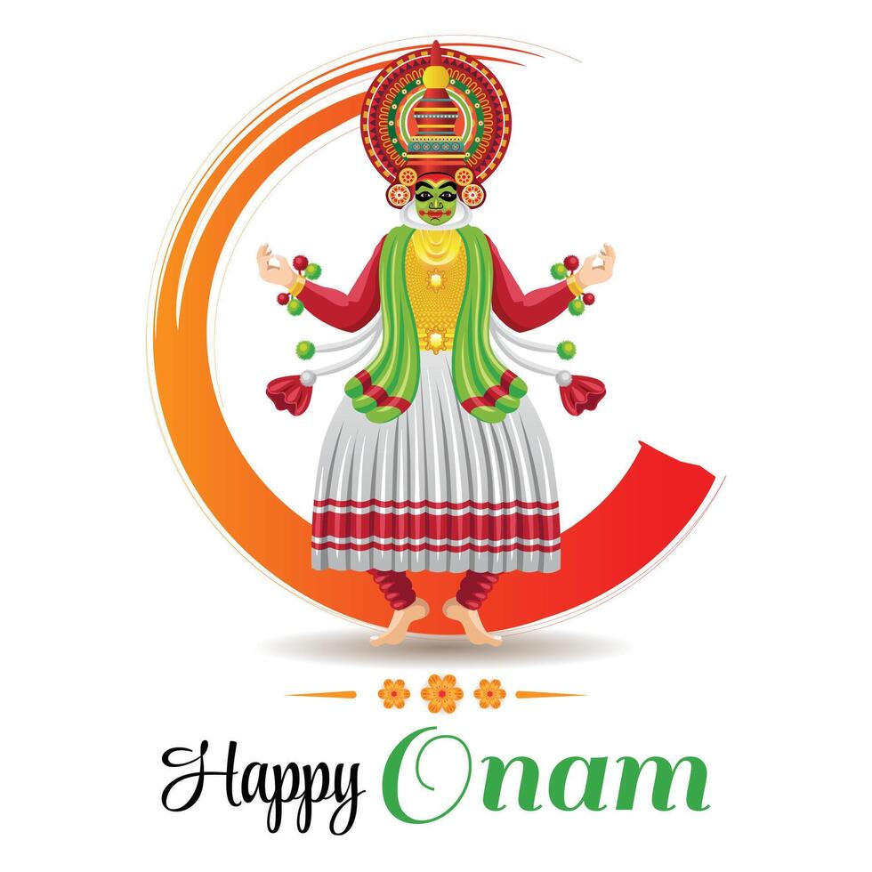 Elegant Onam Festival Poster with Kathakali Dancer and Circular Design for Festive Wishes vector