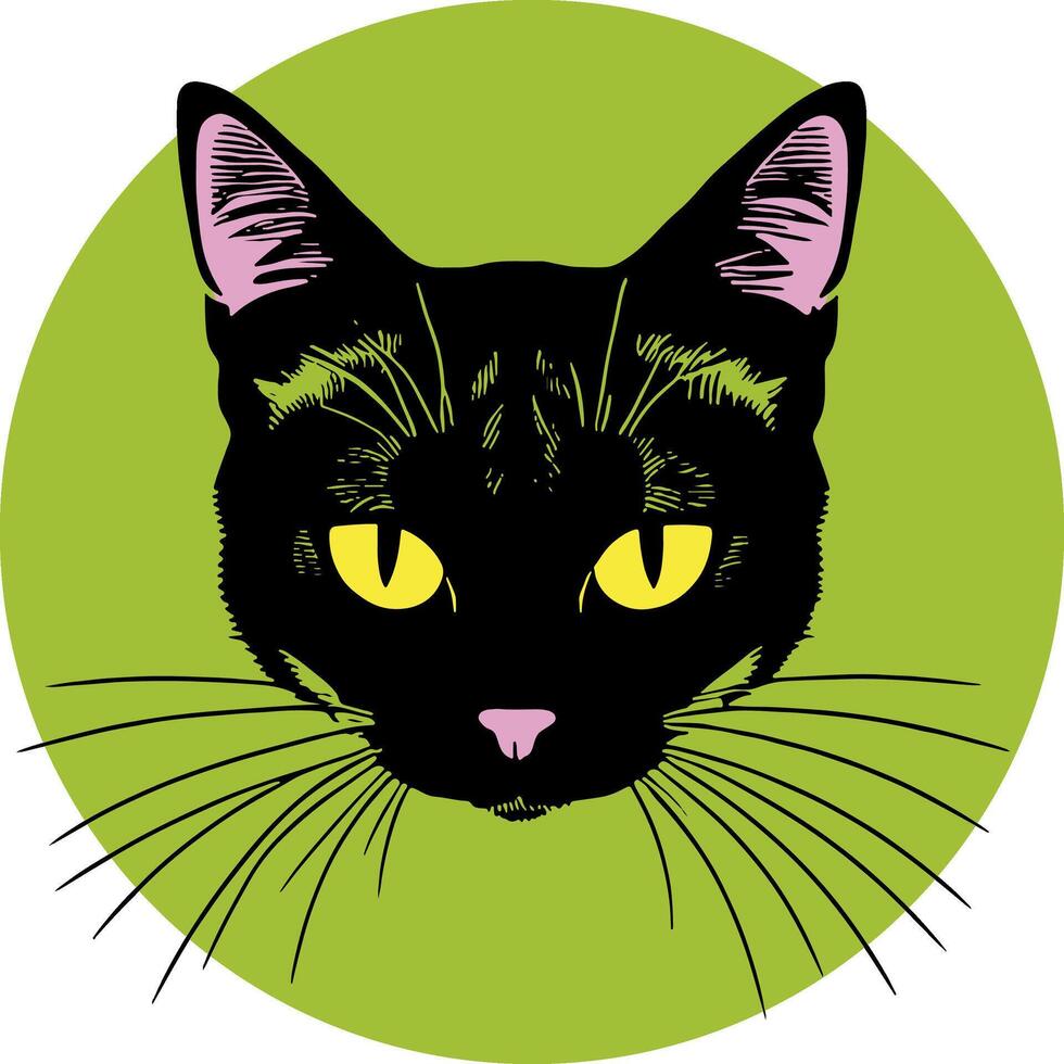 Stylized cat face in a circle. Banner or logo for a website or cat fanciers club. illustration An eared black cat with yellow eyes looks at you seriously. Huge cat whiskers go beyond the circle vector