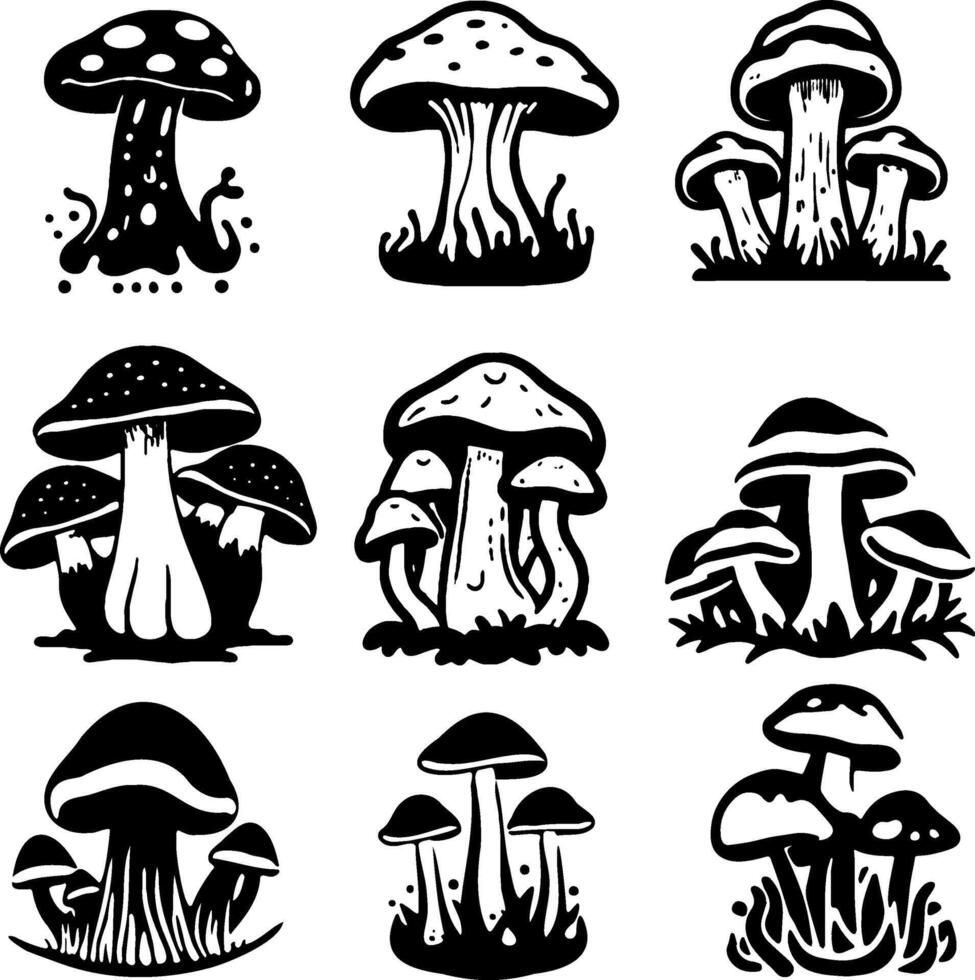 Silhouette mushrooms stencil black and white illustration various edible and poisonous mushrooms. illustration vector