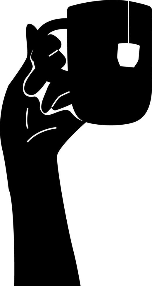 Silhouette of a hand holding a cup with tea bag label. vector