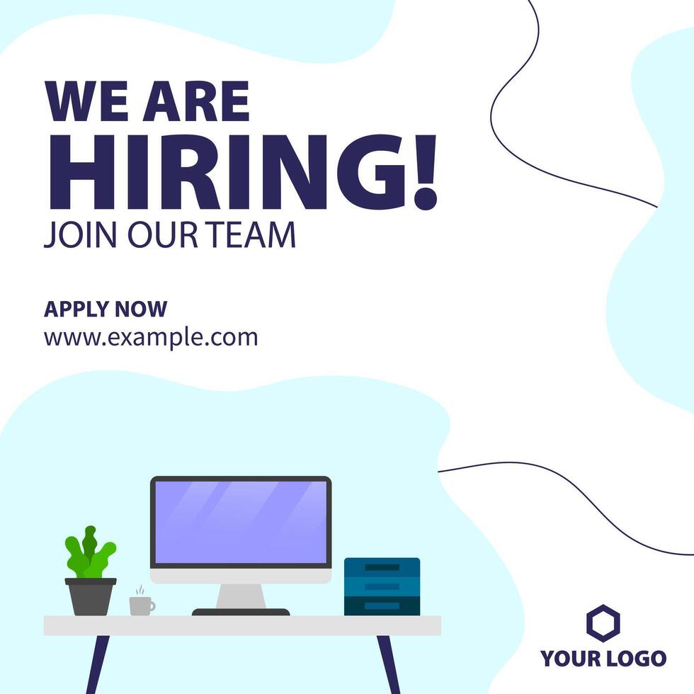 We are hiring job vacancy social media post. Employees needed. Join our team announcement. Illustration of a desk with a computer for work. vector