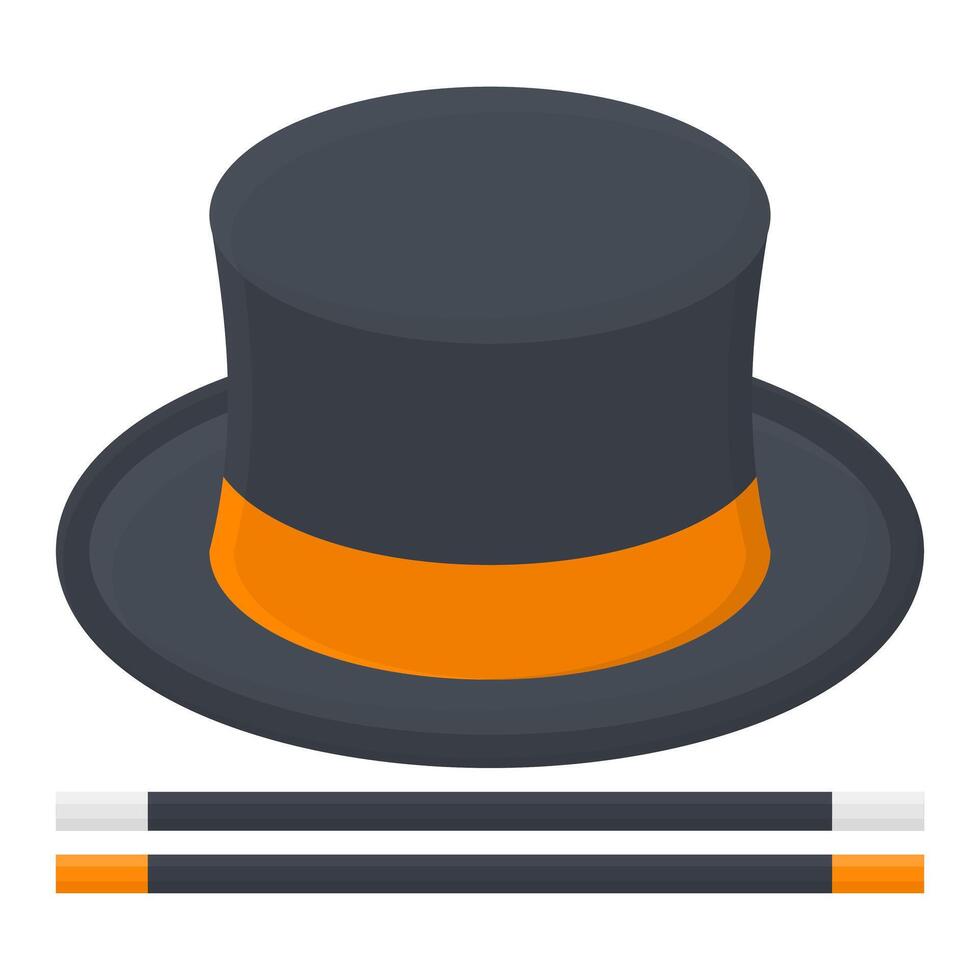 Magician Hat with Magic Stick. Black Hat Magician Magic Tools. vector