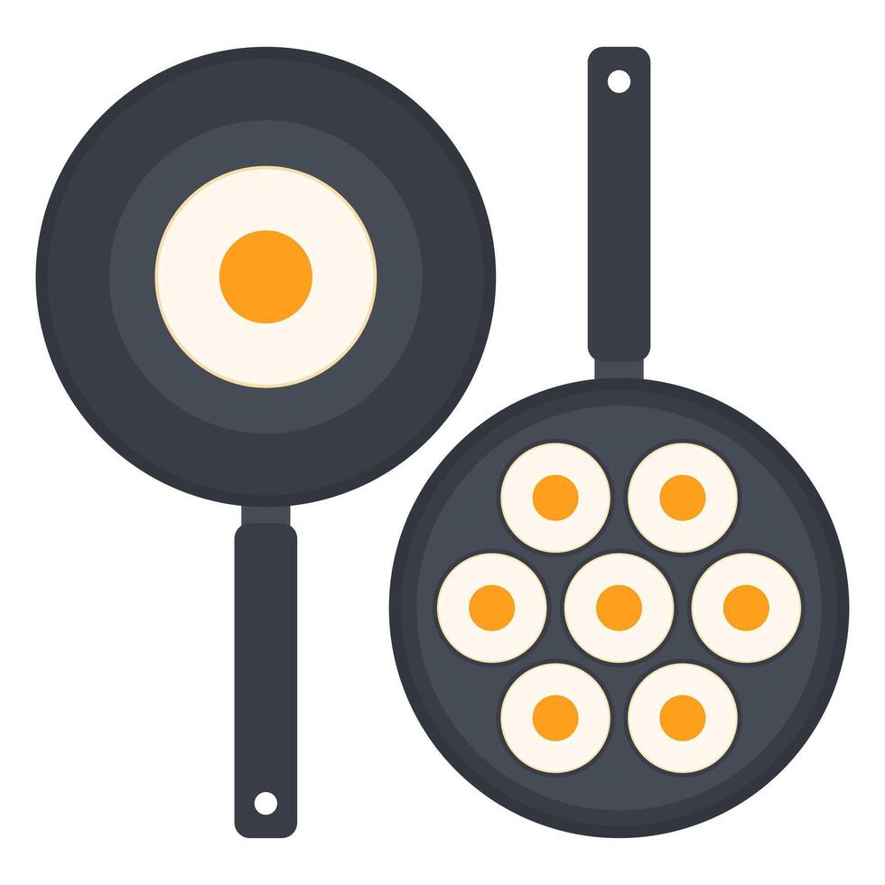 Black Pan with Fried Egg. Pan with Many Eggs. Cooking Utensils. vector