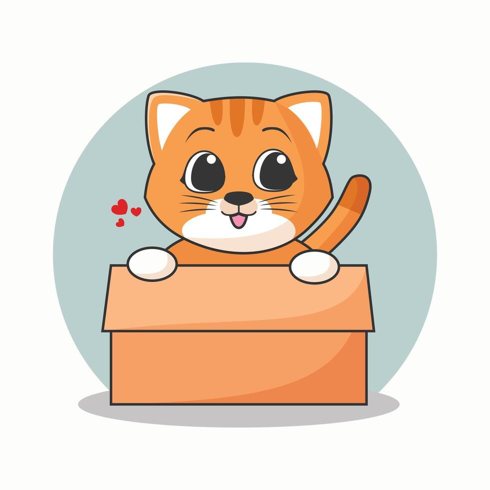 Cute orange kitten mascot character sitting inside box design illustration with simple art style perfect for pet or cat adopt business logo template idea vector