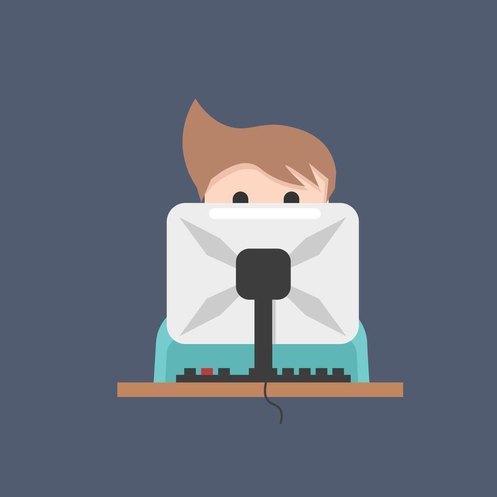 young man in front of monitor in flat design. vector