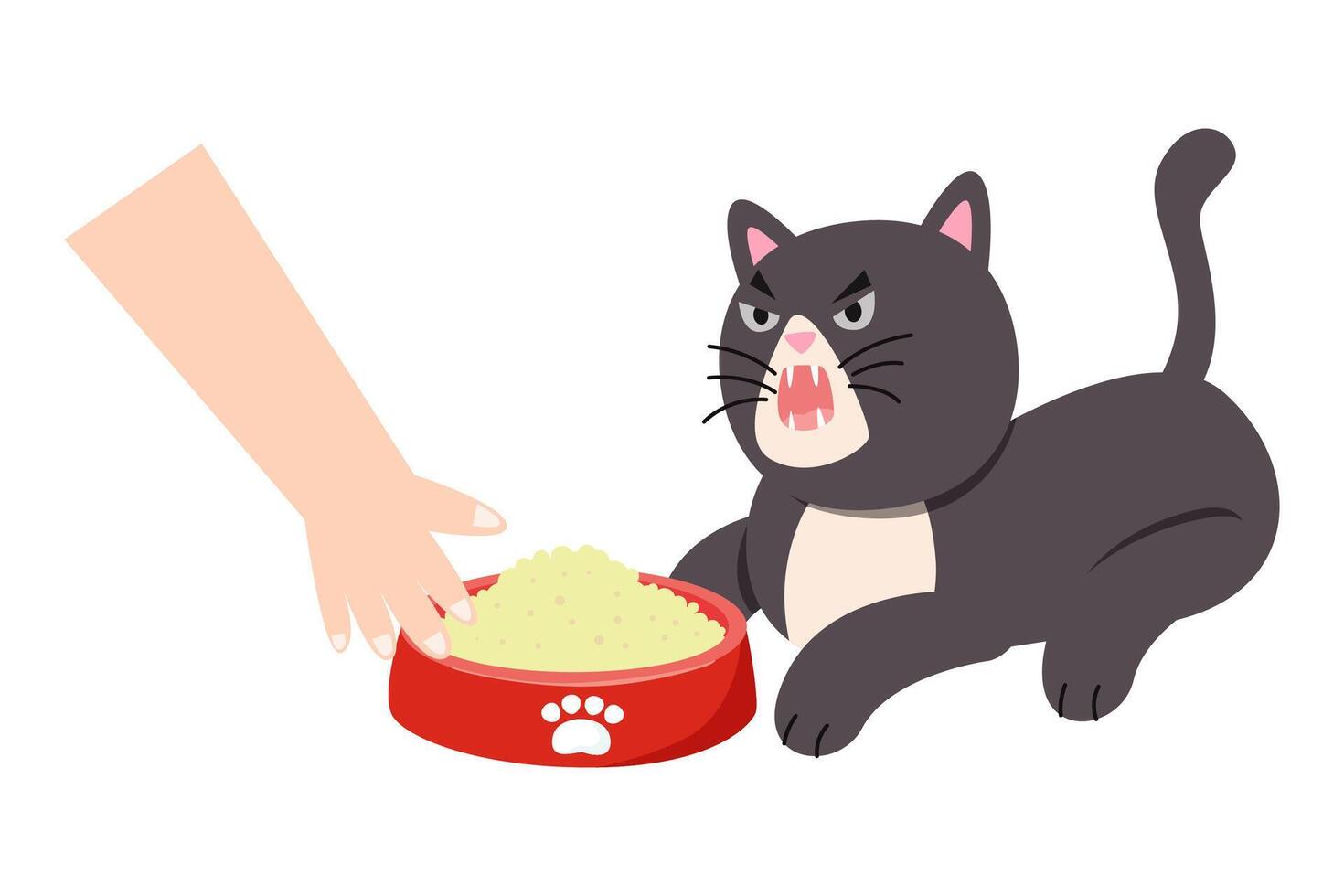 cat will attack hand to protect it food . rabies prevention concept vector