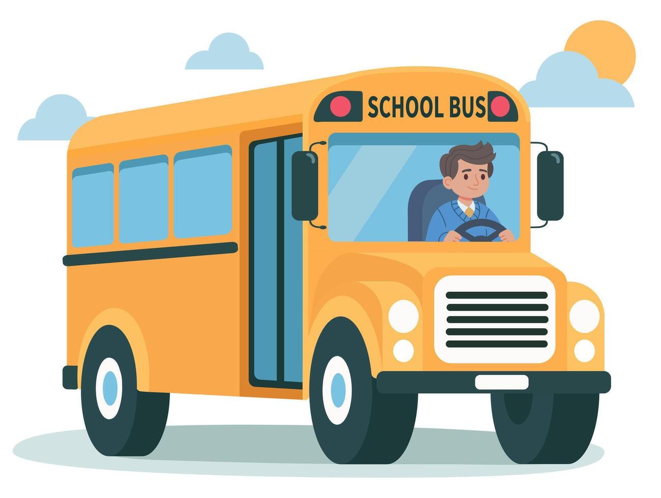 Flat illustration of yellow school bus with driver vector