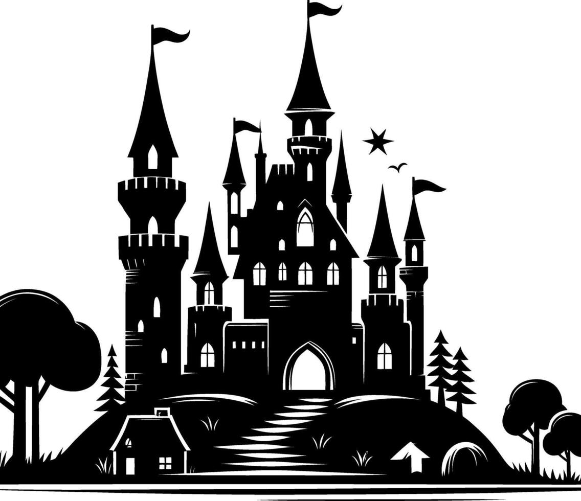 Castle silhouette illustration in black and white background vector
