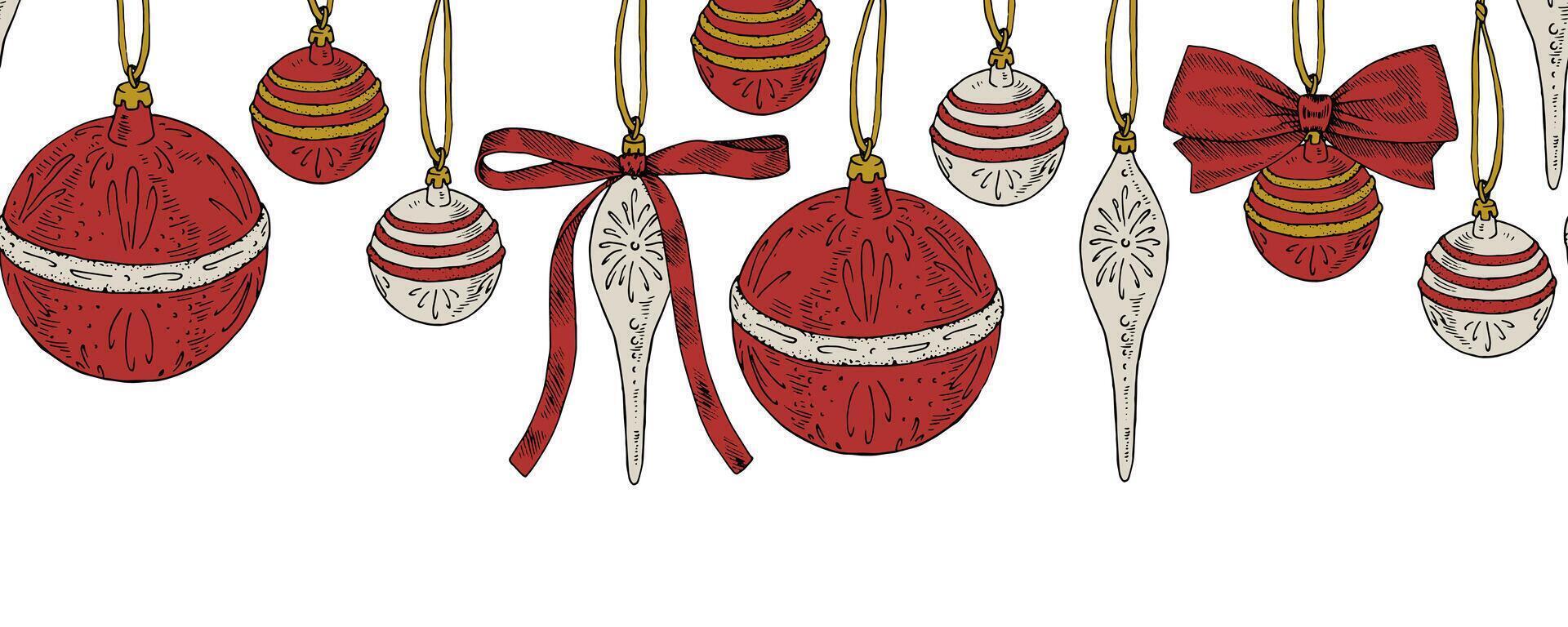 A festive border with hand-drawn Christmas balls in a seamless pattern. The vintage-style illustration captures the joyful spirit of the holiday season, perfect for seasonal decorations vector
