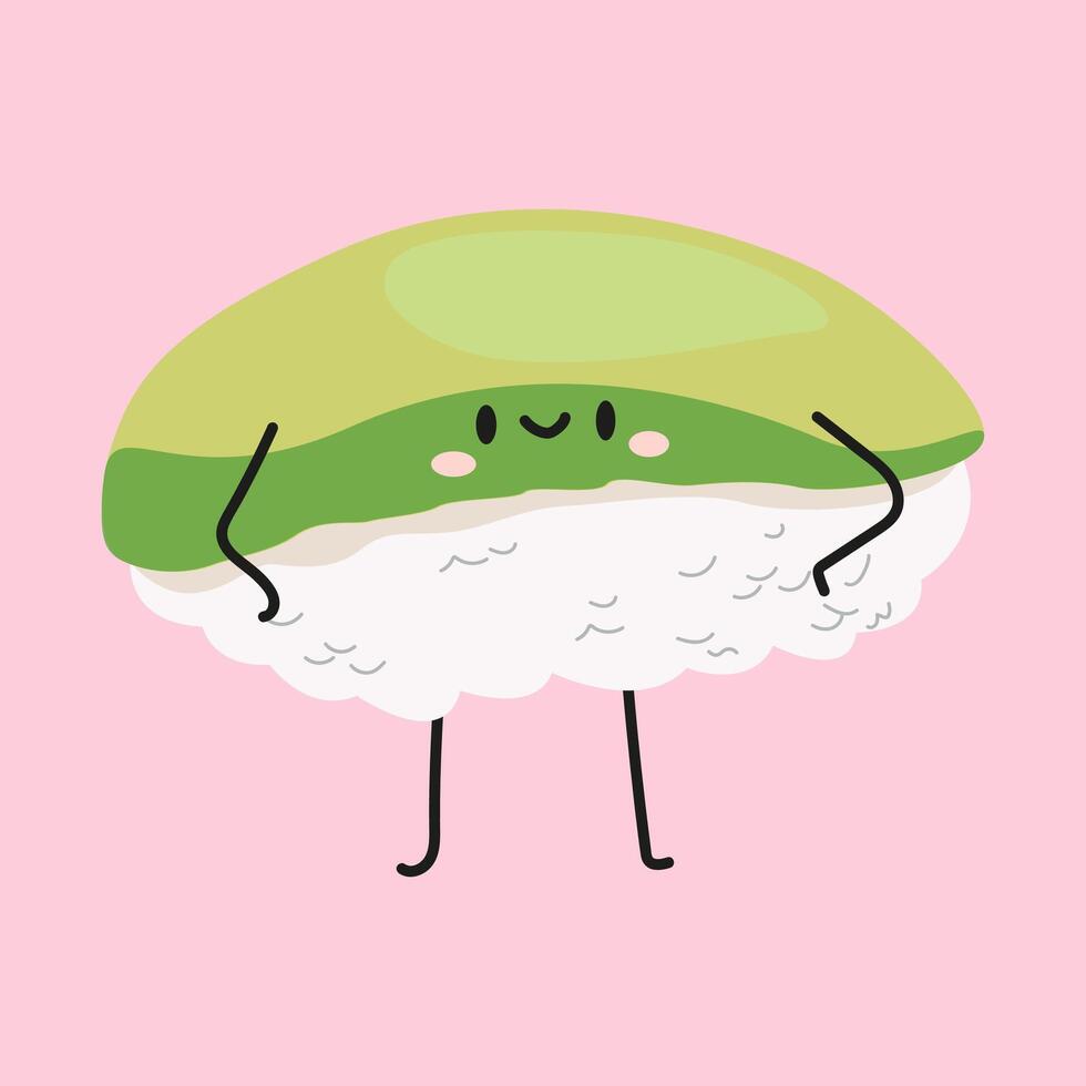 Traditional asian food. Set of flat cute sushi with rice, salmon, tuna, tiger prawn, caviar, fish, avocado and seaweed. character collection on a pink background vector