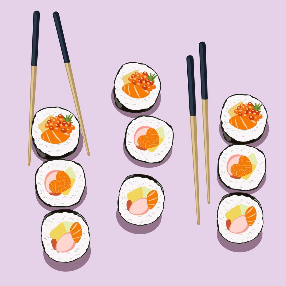 Sushi Japan Food. Asian food for restaurants menu. flat set of different types of sushi. Tekkamaki roll with salmon, caviar, tuna and octopus. Roll and traditional chopsticks for Asian cuisine vector