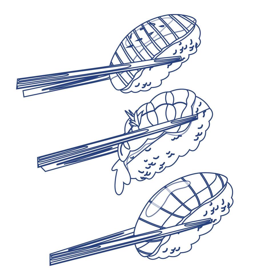 It's time for sushi. Traditional asian food. Set of blue linear rolls with rice, salmon, tuna, tiger prawn, caviar, fish, avocado and seaweed. Set of line art asian food icons vector