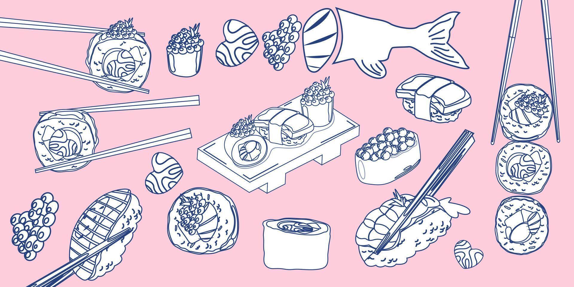 It's time for sushi. Traditional asian food. Set of blue linear rolls with rice, salmon, tuna, tiger prawn, caviar, fish, avocado and seaweed. Set of line art asian food icons vector