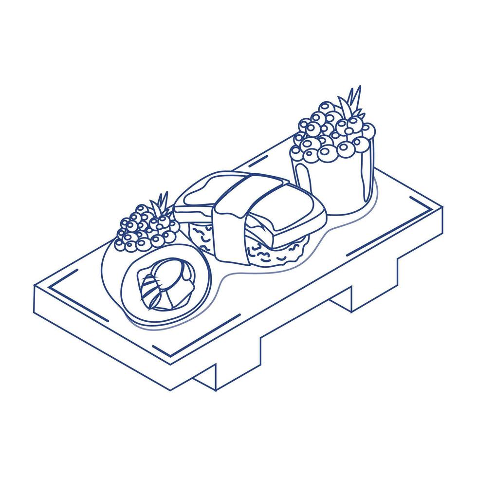 It's time for sushi. Traditional asian food. Set of blue linear rolls with rice, salmon, tuna, tiger prawn, caviar, fish, avocado and seaweed. Set of line art asian food icons vector