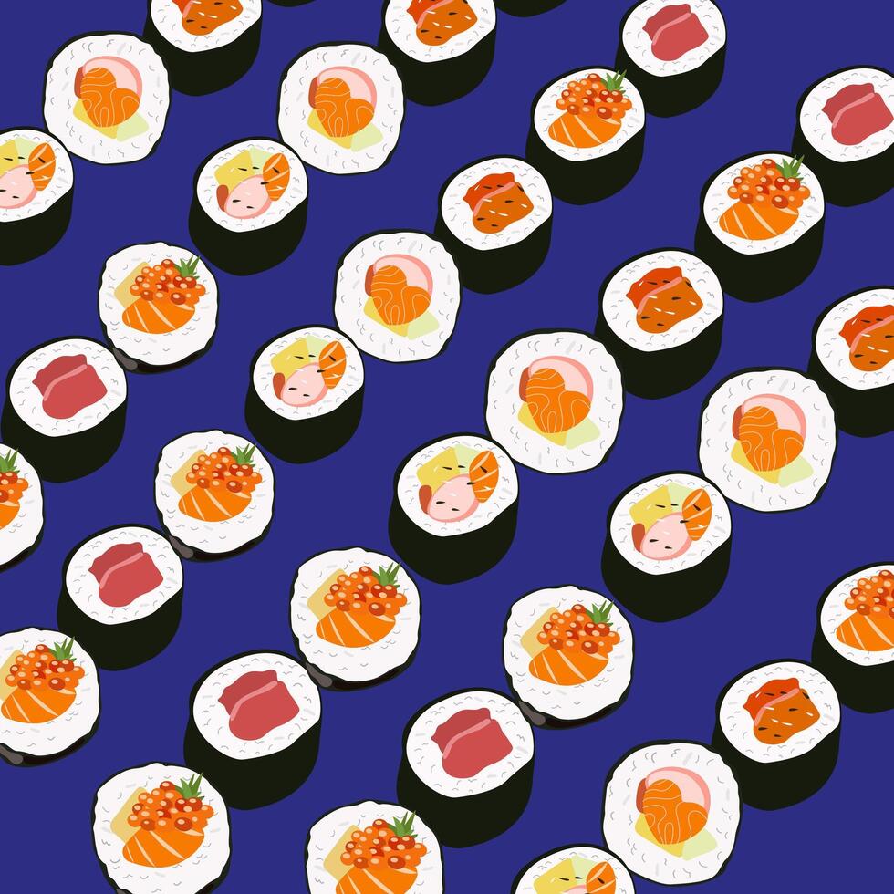 Traditional Japan food. Set of various flat sushi. Sushi pattern on a blue background vector