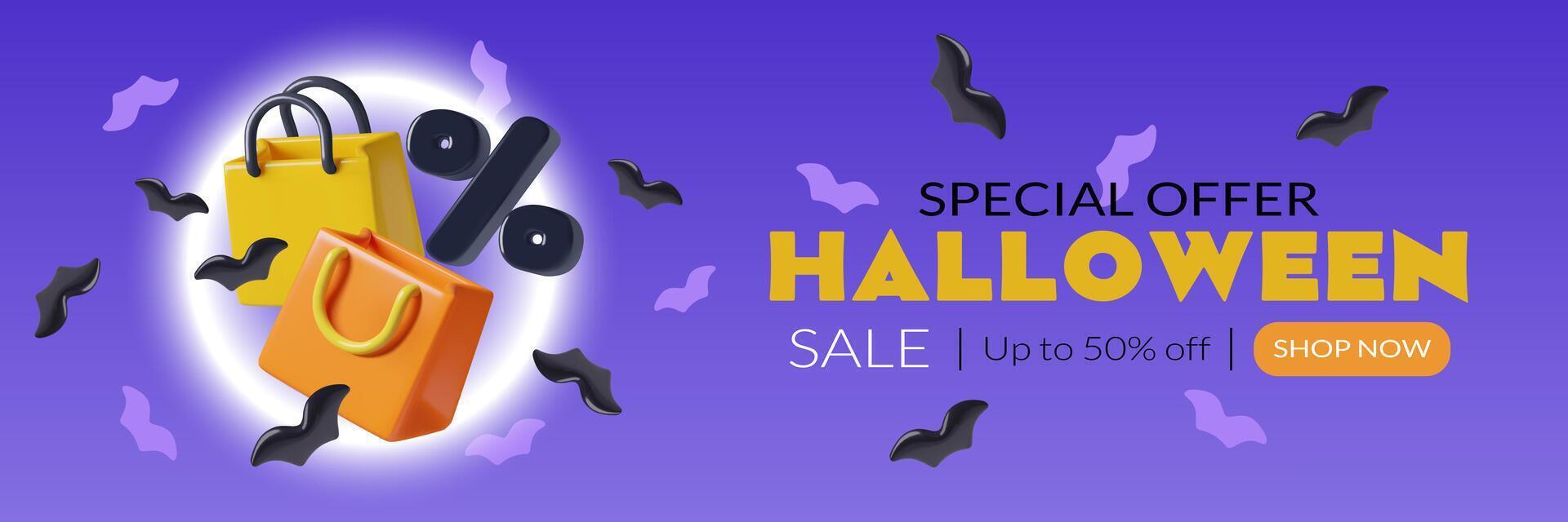 Halloween night shopping web banner 3d design with gift bags glowing full moon and flying bats vector