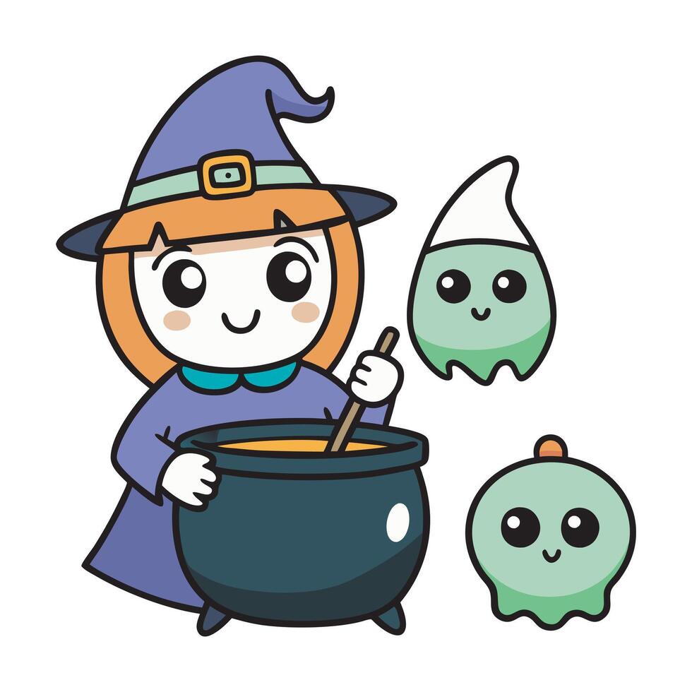 Adorable Halloween Witch with Cauldron and Ghostly Green Potion vector