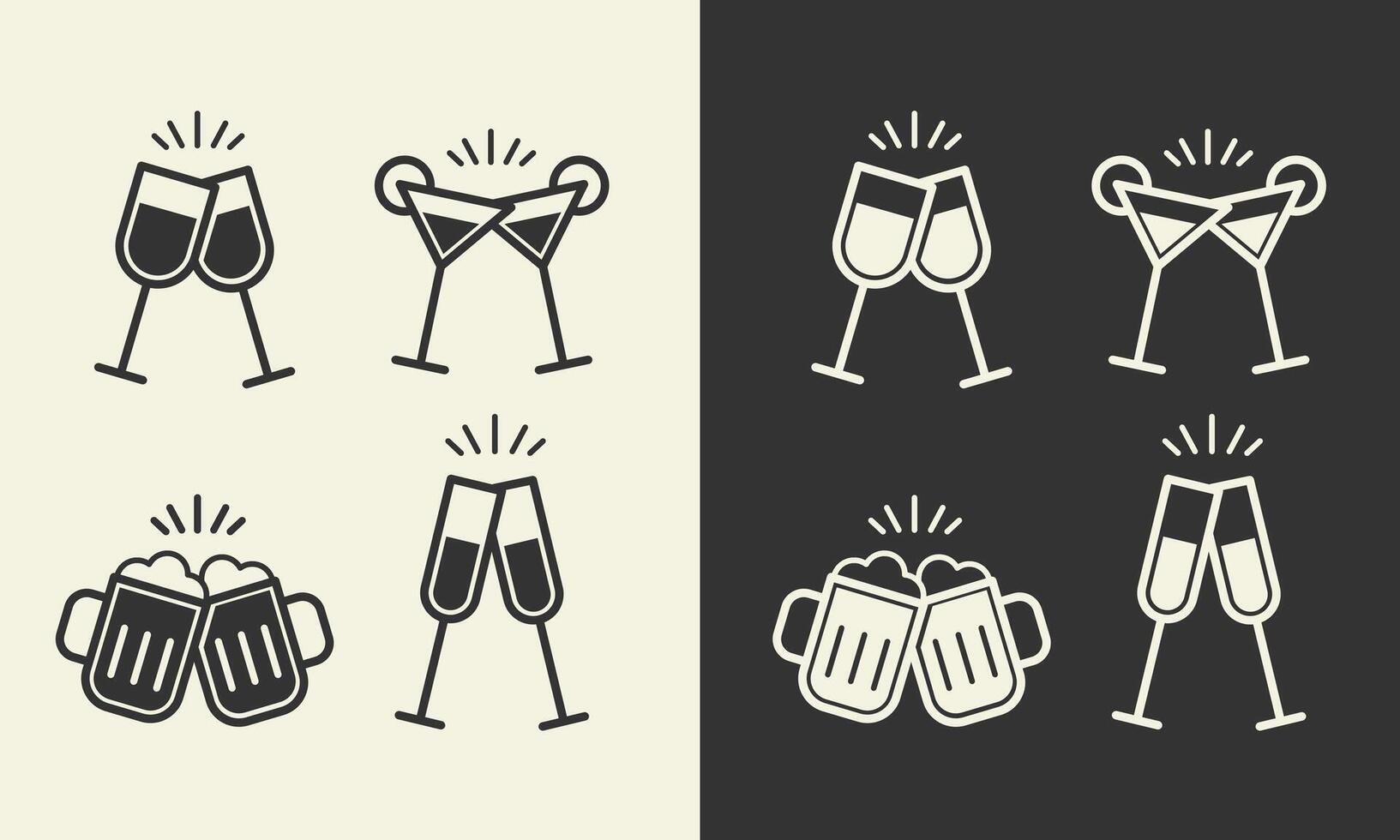 Alcohol cheers set.Two glasses of beer,wine,cocktail,sparkling wine icons.Friendship concept.Two toasting mugs,wineglasses clink symbol.Editable stroke.Transparent background. illustration EPS10 vector