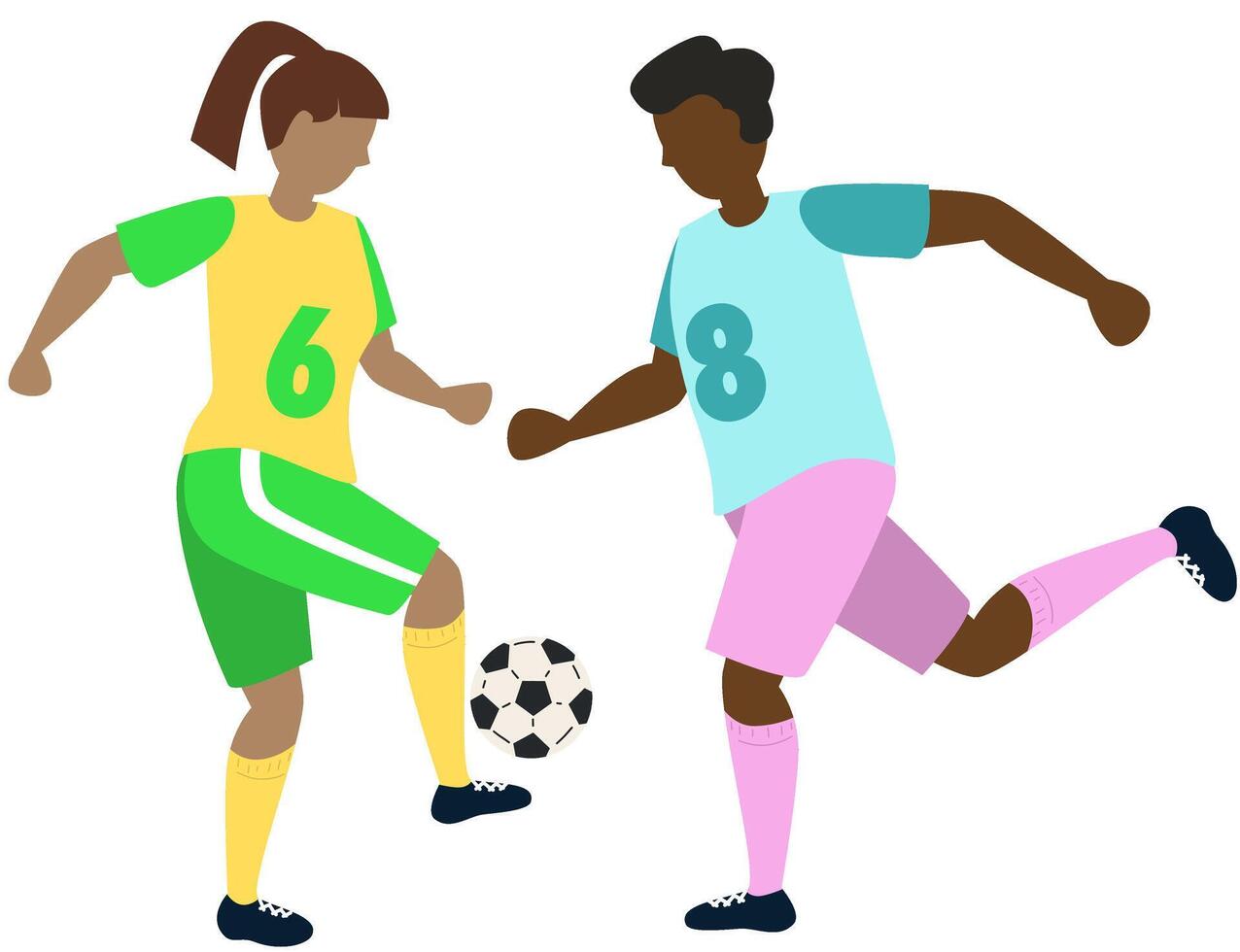 Soccer players kicking ball character girl and black boy, flat cartoon illustration isolated on white background. Soccer or football game players collection. vector