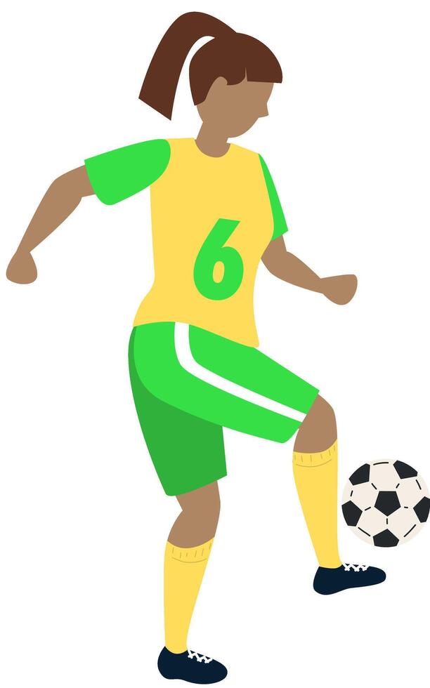 Soccer player kicking ball character girl, flat cartoon illustration isolated on white background. Soccer or football game players collection. vector