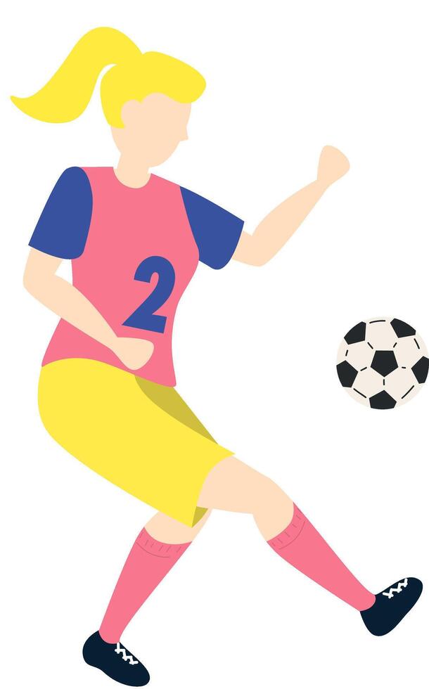 Soccer player kicking football ball character girl, flat cartoon illustration isolated on white background. Soccer or football game players collection. vector