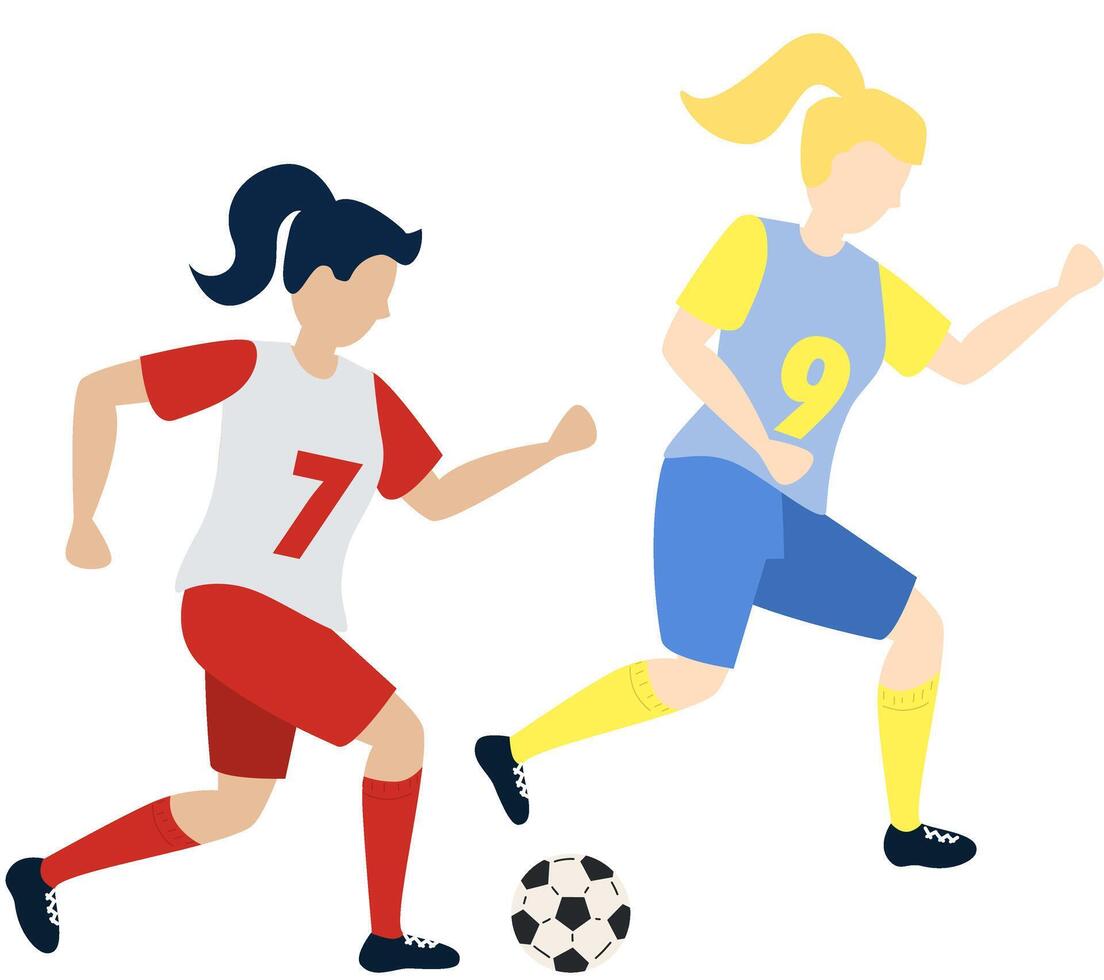 Soccer players kicking ball character with two girls, flat cartoon illustration isolated on white background. Soccer or football game players collection. vector