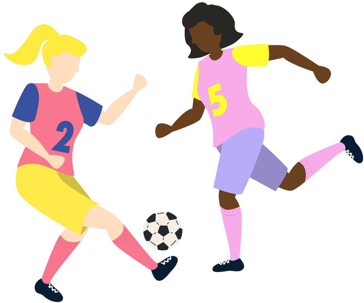 Soccer players kicking ball characters two girls, flat cartoon illustration isolated on white background. Soccer or football game players collection. vector