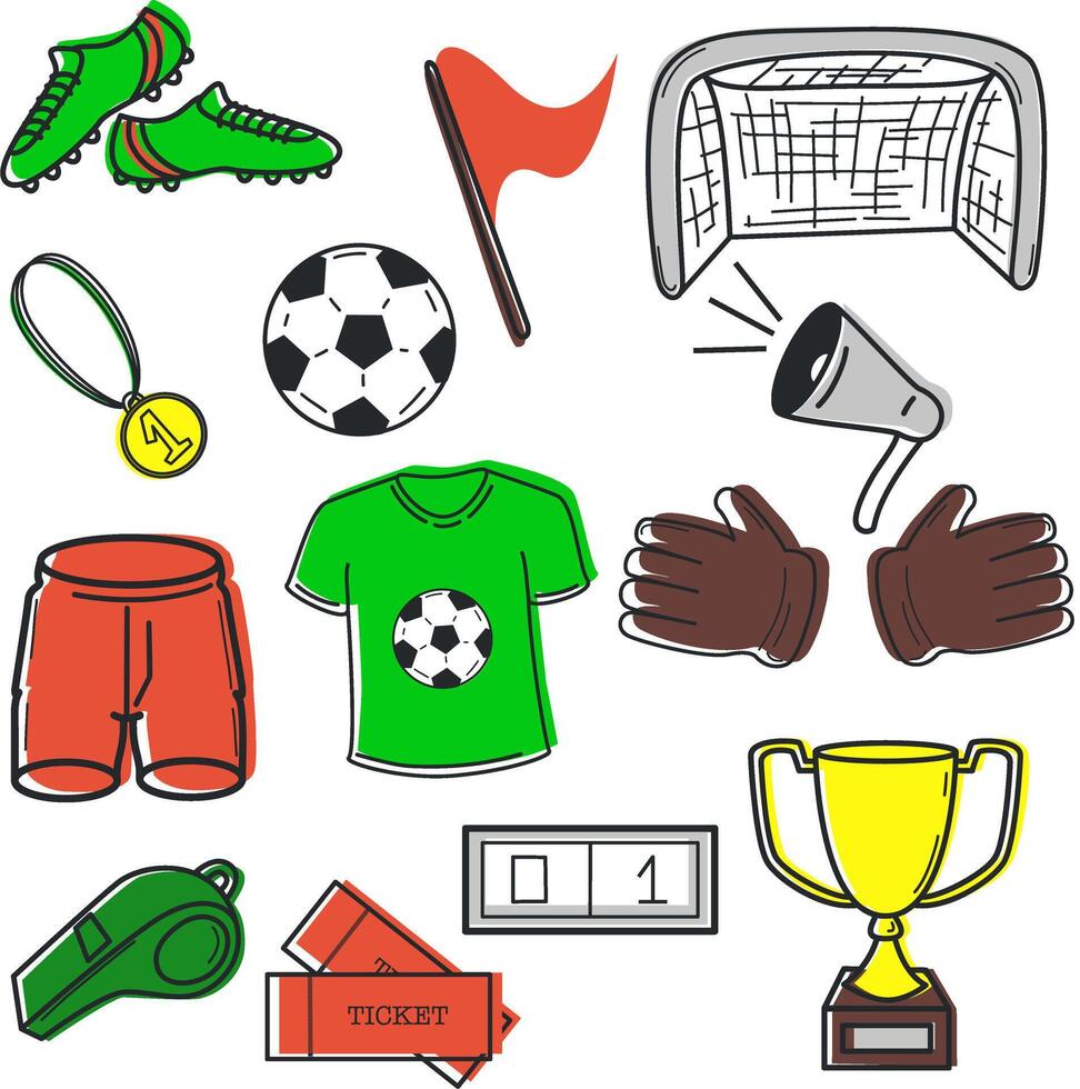 Doodle set with football items. T-shirt, shorts, gate, boots, ball, flag, cup, whistle flat cartoon illustration isolated on white background. Soccer or football game players collection. vector
