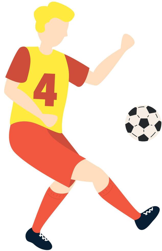 Soccer player kicking football ball character boy, flat cartoon illustration isolated on white background. Soccer or football game players collection. vector