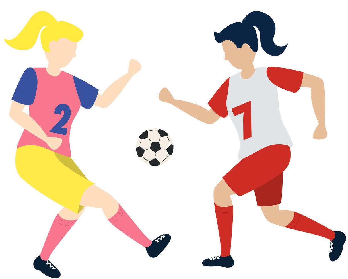 Soccer players kicking ball characters two girl, flat cartoon illustration isolated on white background. Soccer or football game players collection. vector