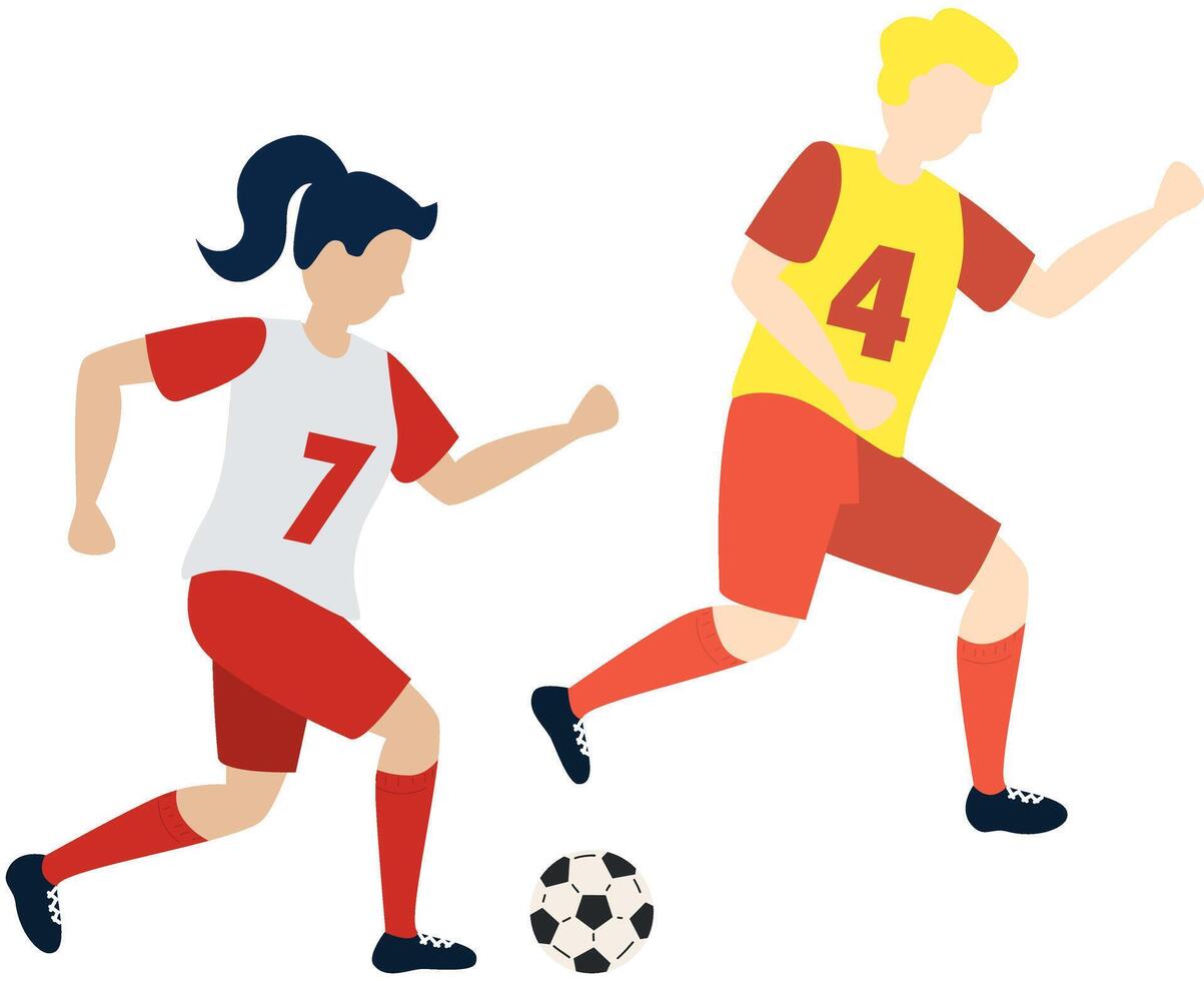 Soccer players kicking ball character girl and boy, flat cartoon illustration isolated on white background. Soccer or football game players collection. vector