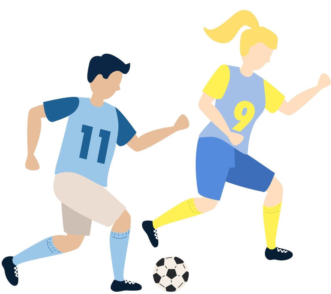 Soccer players kicking ball character boy and girl, flat cartoon illustration isolated on white background. Soccer or football game players collection. vector
