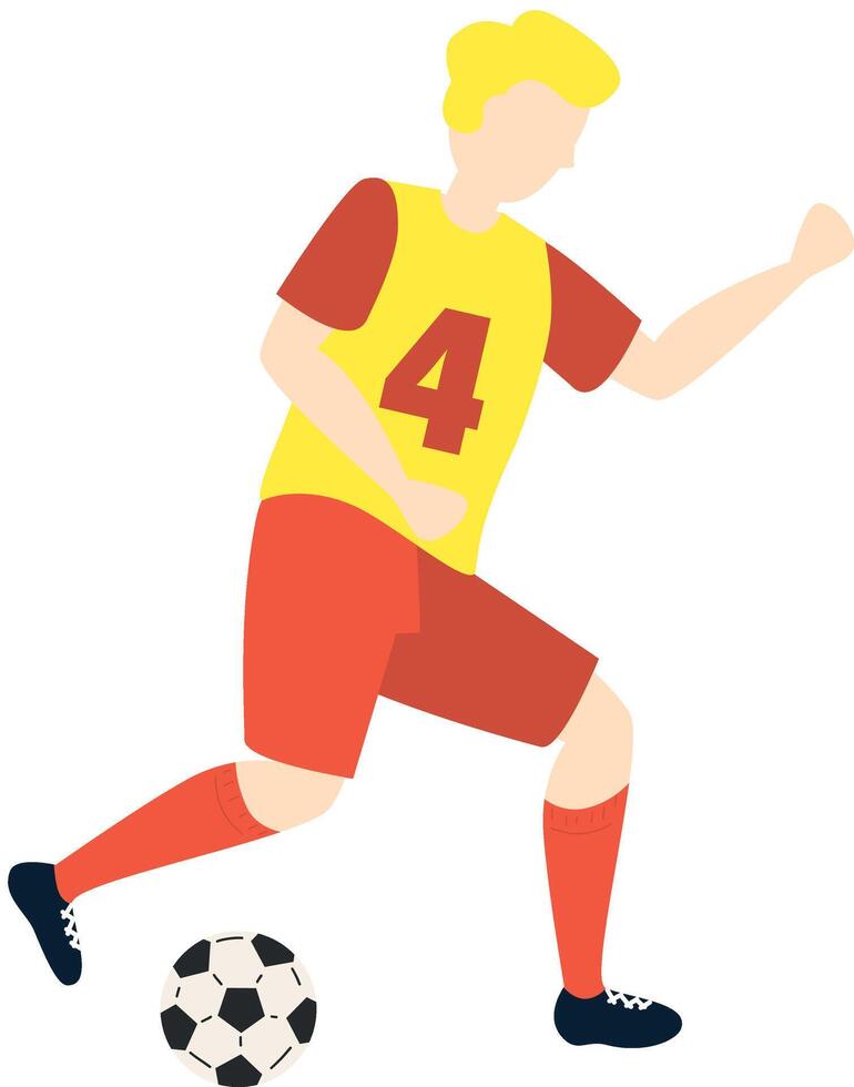 Soccer player kicking football ball character boy, flat cartoon illustration isolated on white background. Soccer or football game players collection. vector