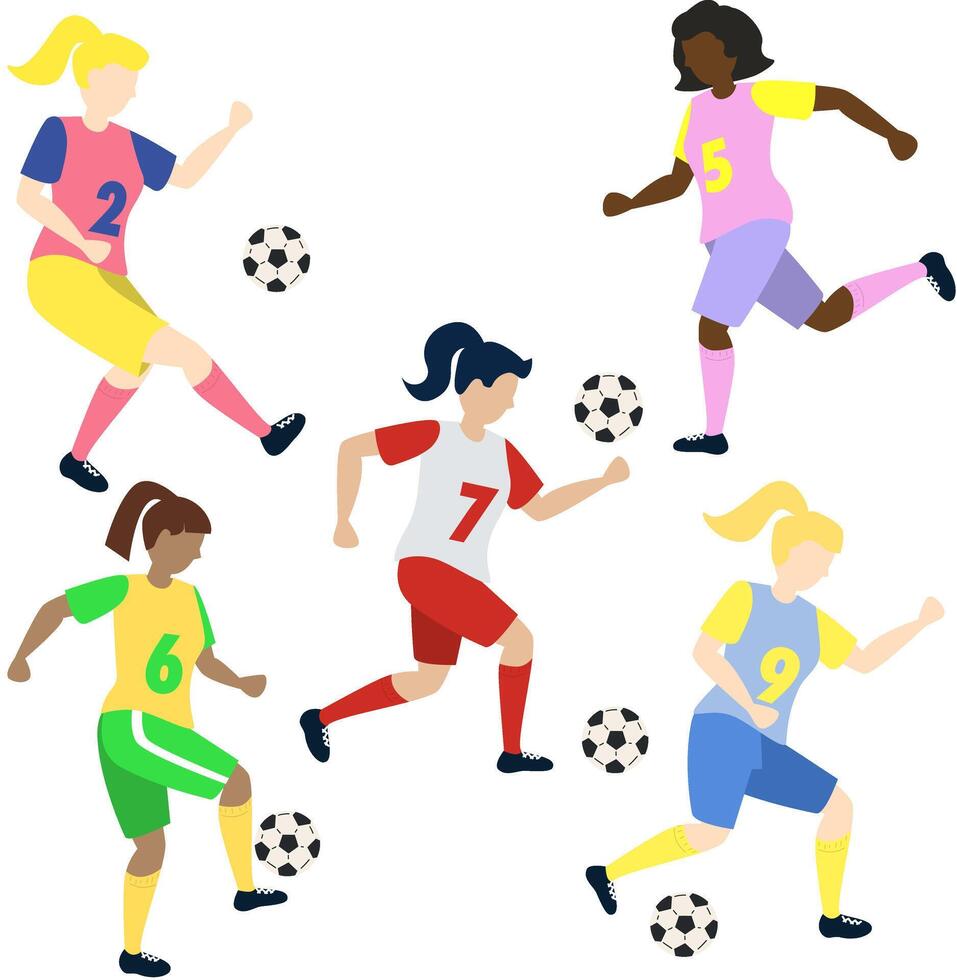 Soccer girls players kicking ball characters set, flat cartoon illustration isolated on white background. Soccer or football game players collection. vector