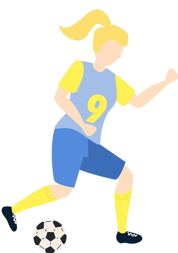 Soccer player kicking football ball character girl, flat cartoon illustration isolated on white background. Soccer or football game players collection. vector