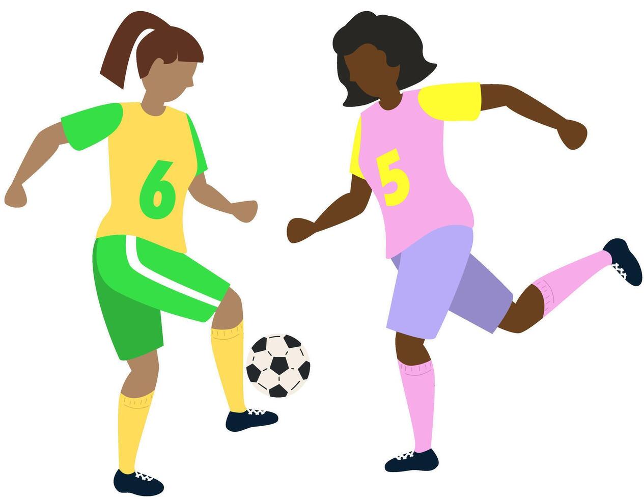 Soccer players kicking ball character two girls, flat cartoon illustration isolated on white background. Soccer or football game players collection. vector
