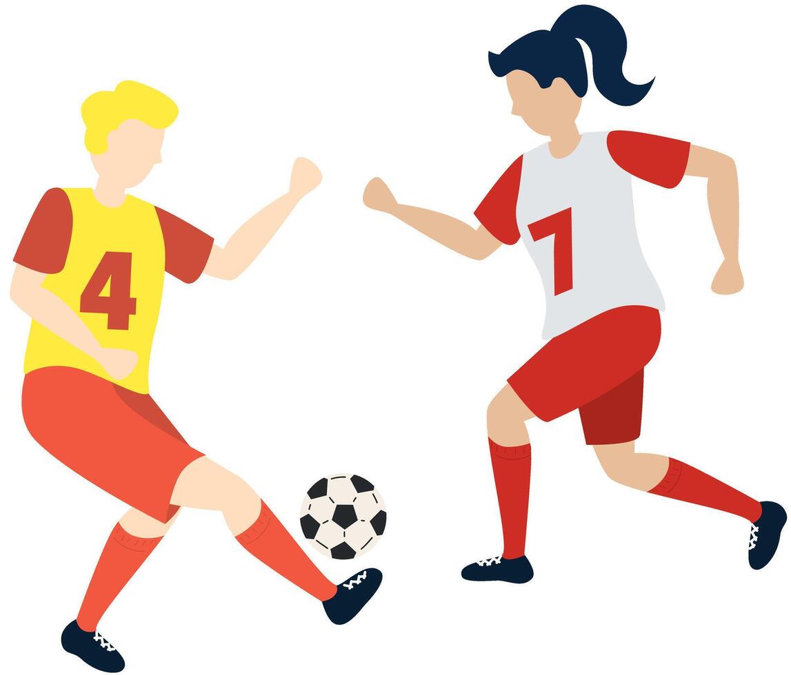 Soccer players kicking ball characters boy and girl, flat cartoon illustration isolated on white background. Soccer or football game players collection. vector
