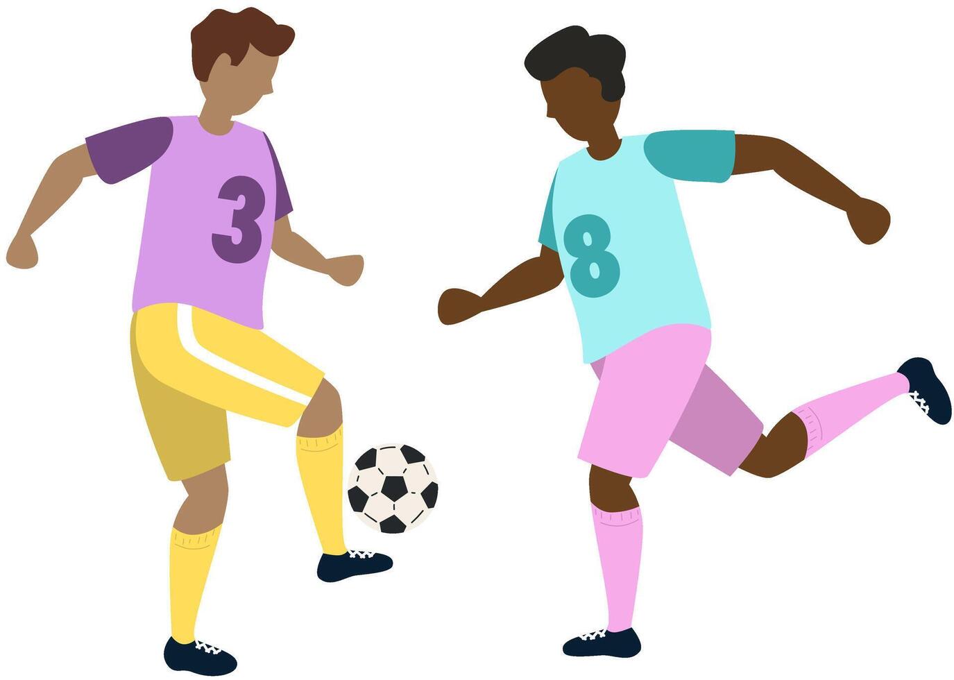 Soccer players kicking ball character two boys, flat cartoon illustration isolated on white background. Soccer or football game players collection. vector