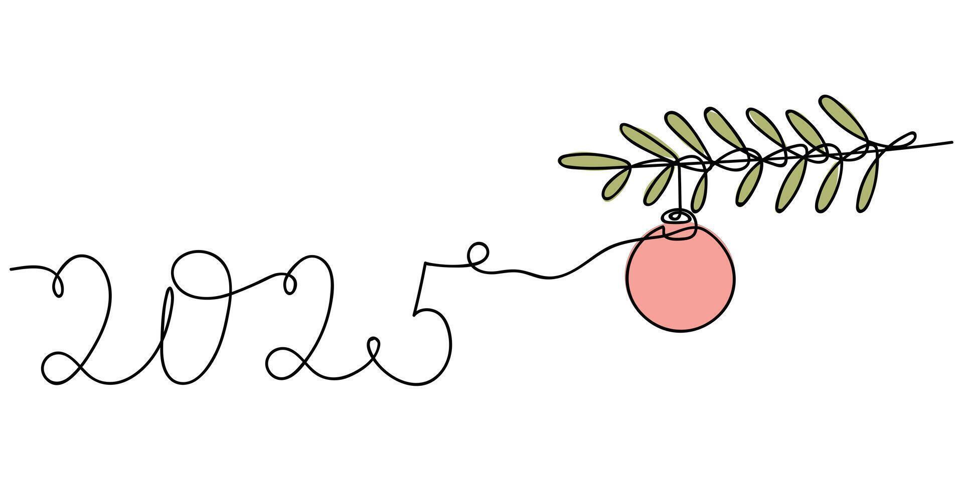 Celebratory New Year 2025 design with festive ornament and green foliage accents vector