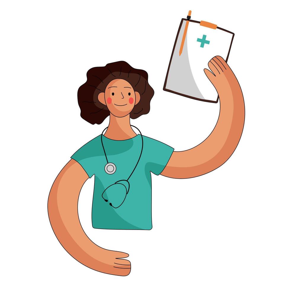 Friendly healthcare worker holding a medical report and smiling in a cheerful environment vector
