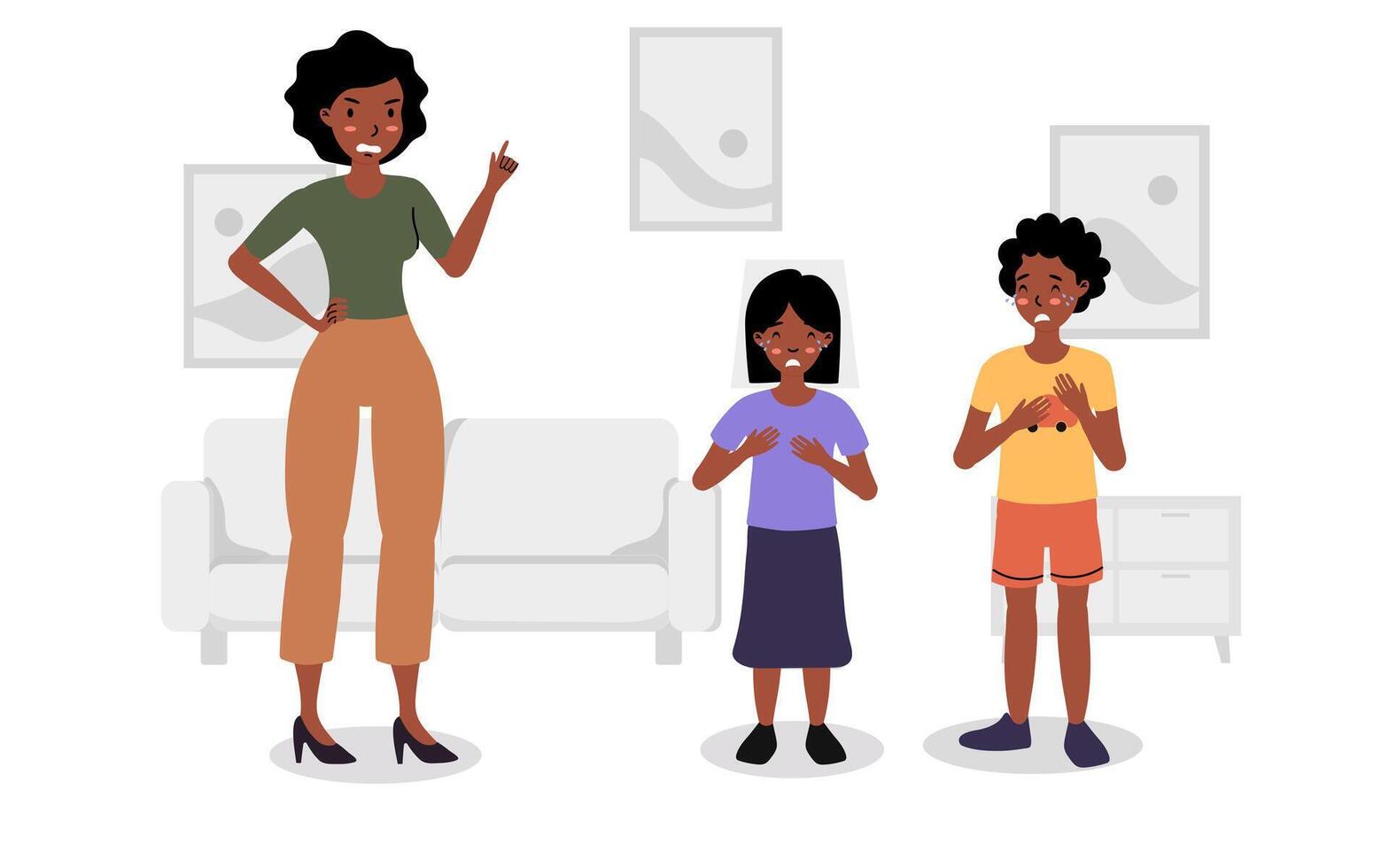 Parent teaching kids about responsibility in a cozy living room setting during the day vector